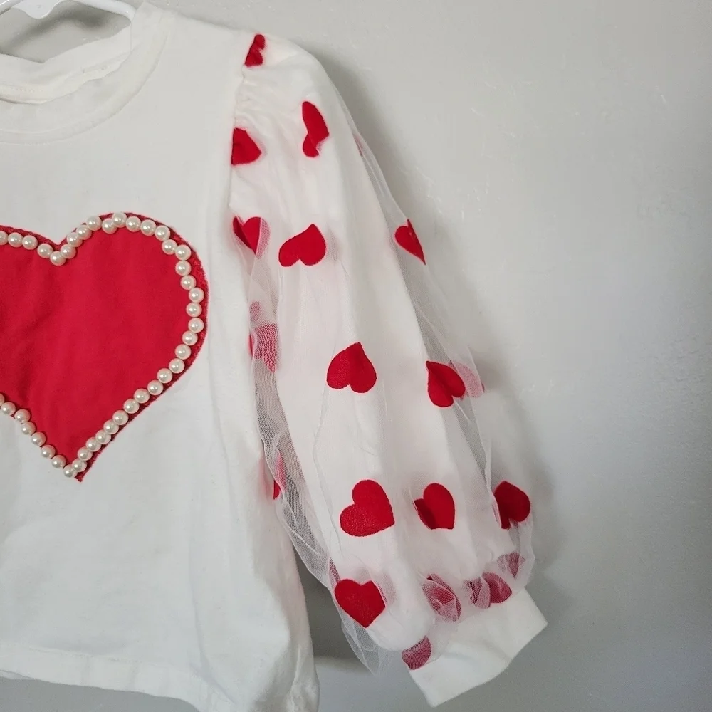 Little Girls White Long Sleeve Shirt Red Heart Velvet Pearl's Tulle Statement 3T